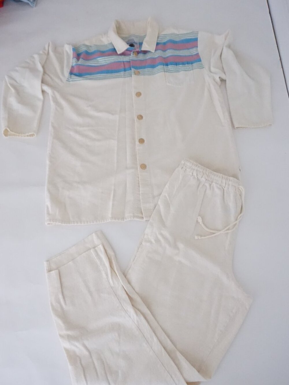 Vintage Nights In White Flannel Cream Pastel Stripe Canada Lounge Pajama Set XXL